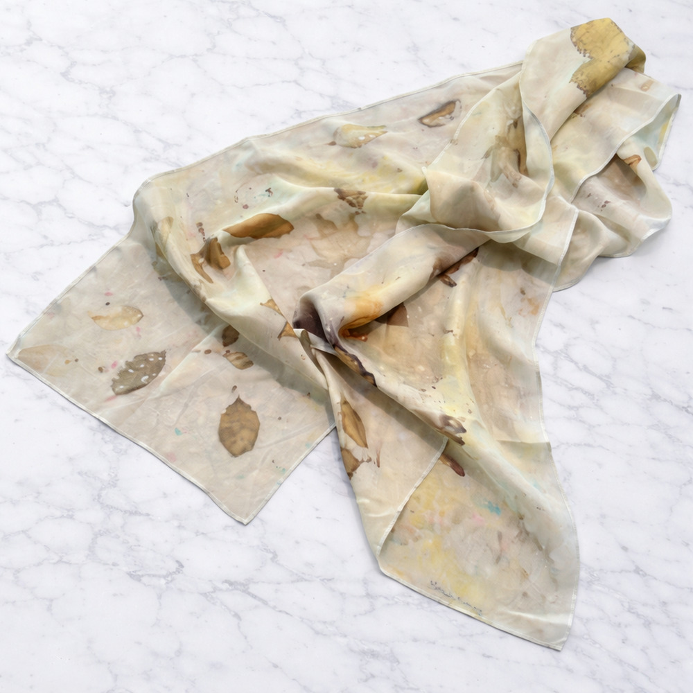 Marisela Rumberg Signed Silk Scarf Hand Dyed Eco Printed Wearable Art Wrap 56"